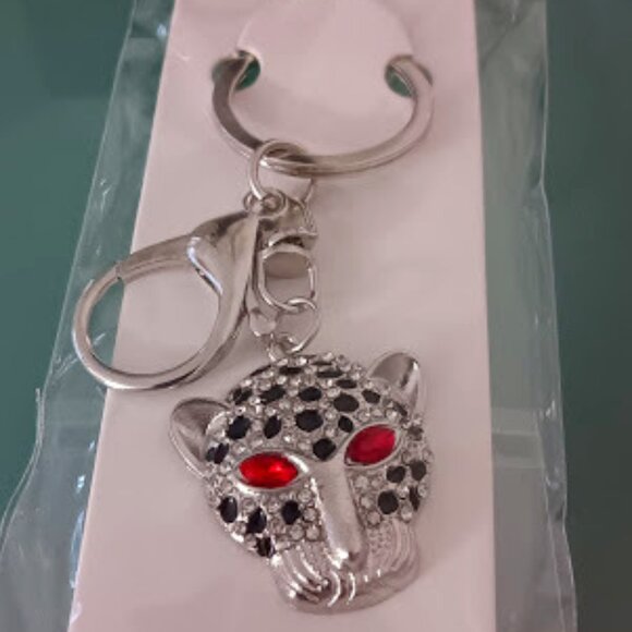 MINT Cheetah Silver Black Enamel Red & Clear Crystals Purse Charm Key Chain**NEW - Picture 3 of 8